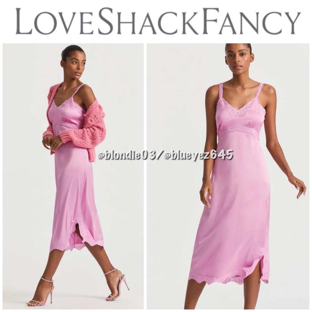 LoveShackFancy “Josette” pink floral lace trim slip dress S